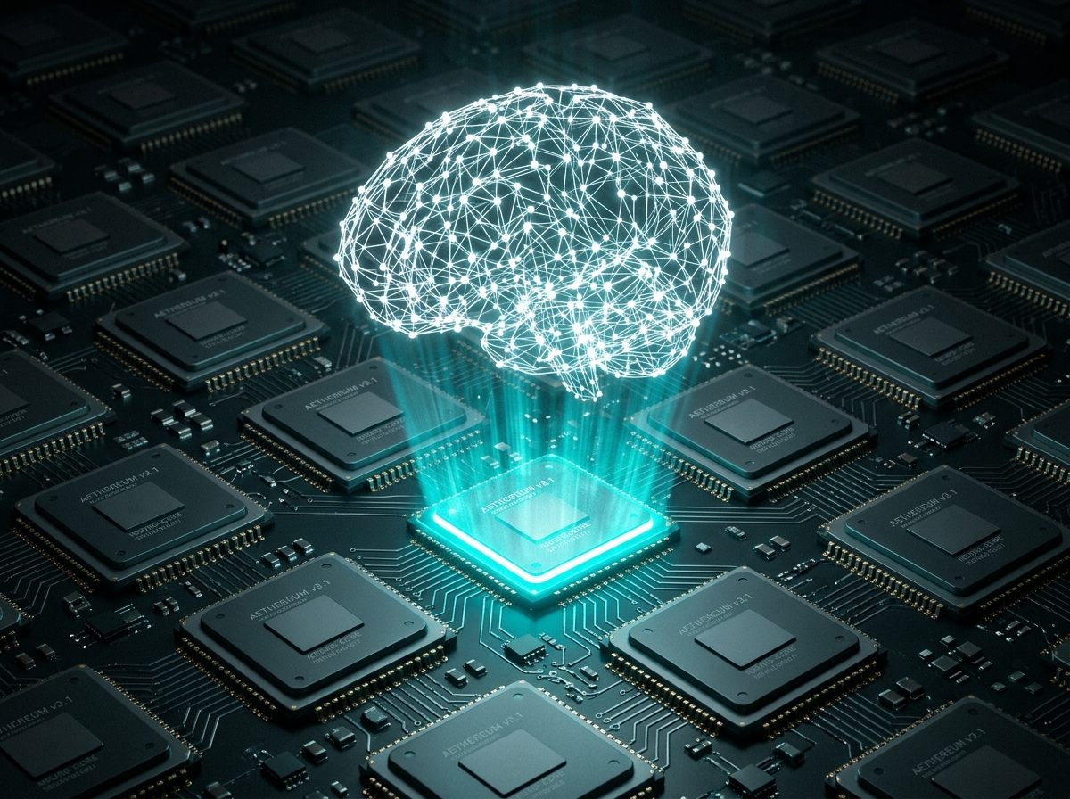 AI brain hologram over CPU chip representing technology depth
